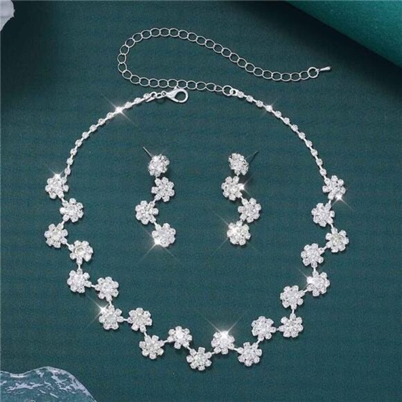 Silver Rhinestone Bridal Wedding Jewelry Set Crystal Necklace Earrings - Picture 2 of 5